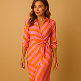 Lightweight wrap dress with collar for women | Sophia-Dresses-Darling Fashion-Orange/Pink-S-Darling Fashion