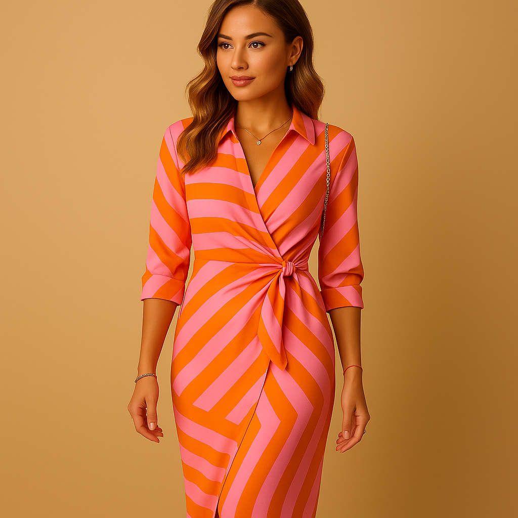 Lightweight women’s wrap dress with collar and adjustable tie closure, perfect for summer brunches, casual outings, or semi-formal occasions.