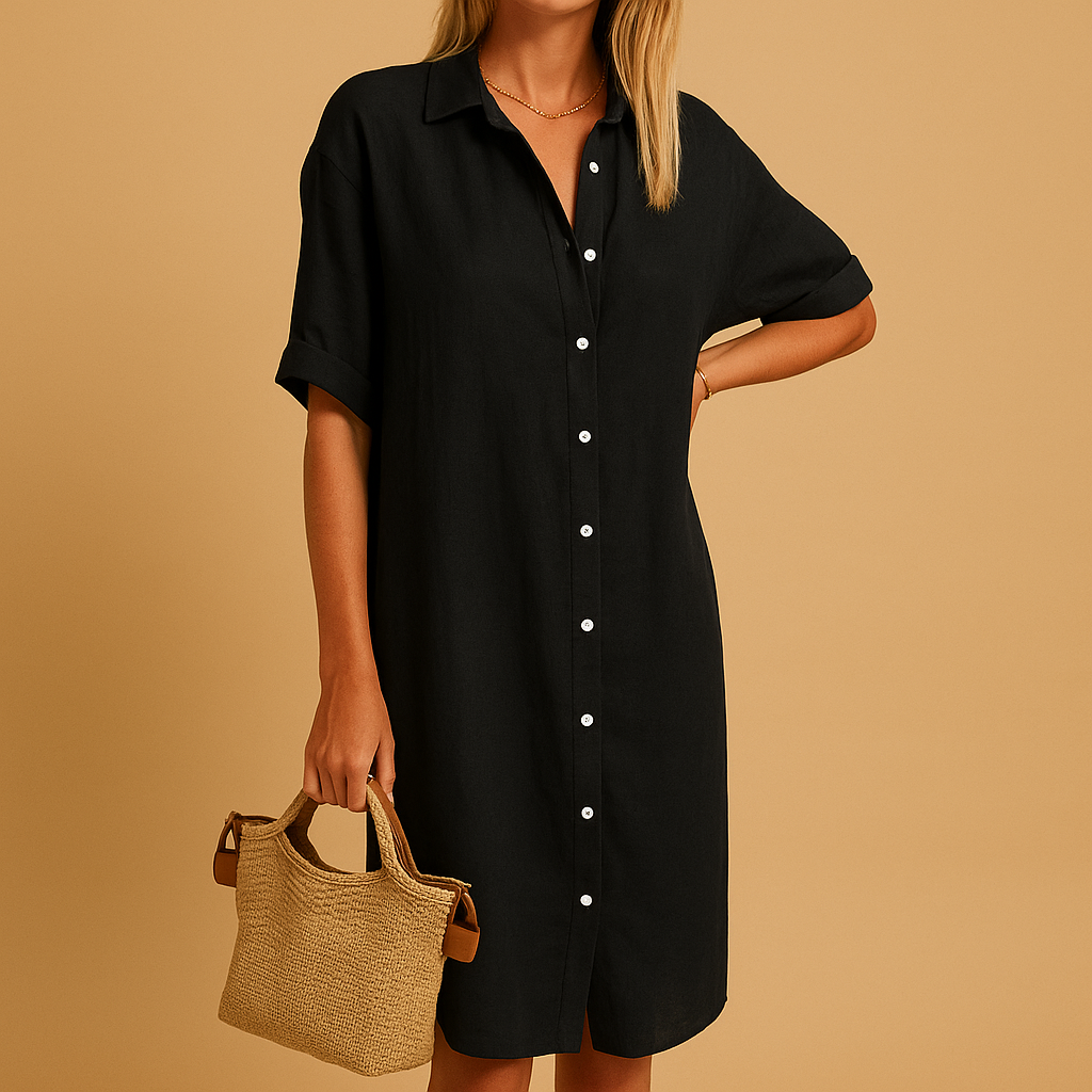 Women’s long cotton blend shirt dress with short sleeves, loose fit, and classic silhouette, perfect for casual wear, work, or summer events.