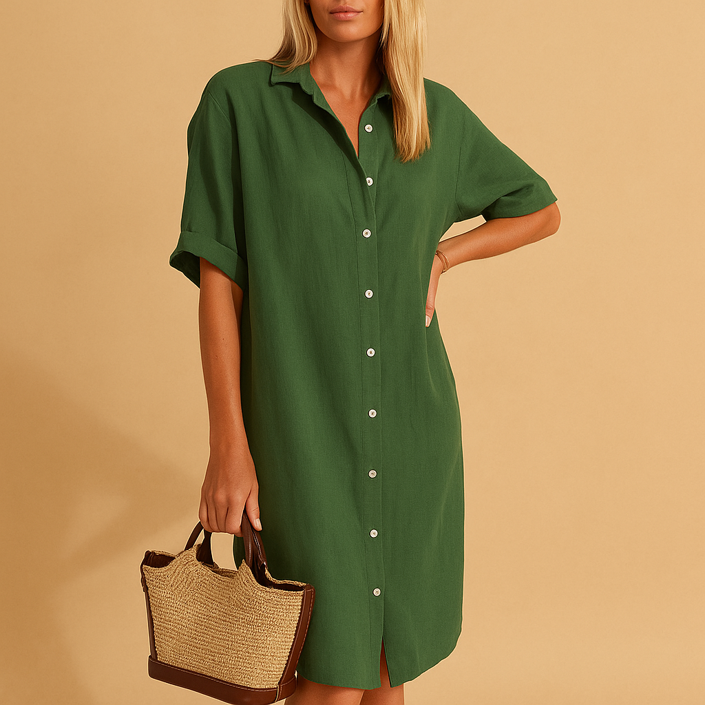 Women’s long cotton blend shirt dress with short sleeves, loose fit, and classic silhouette, perfect for casual wear, work, or summer events.