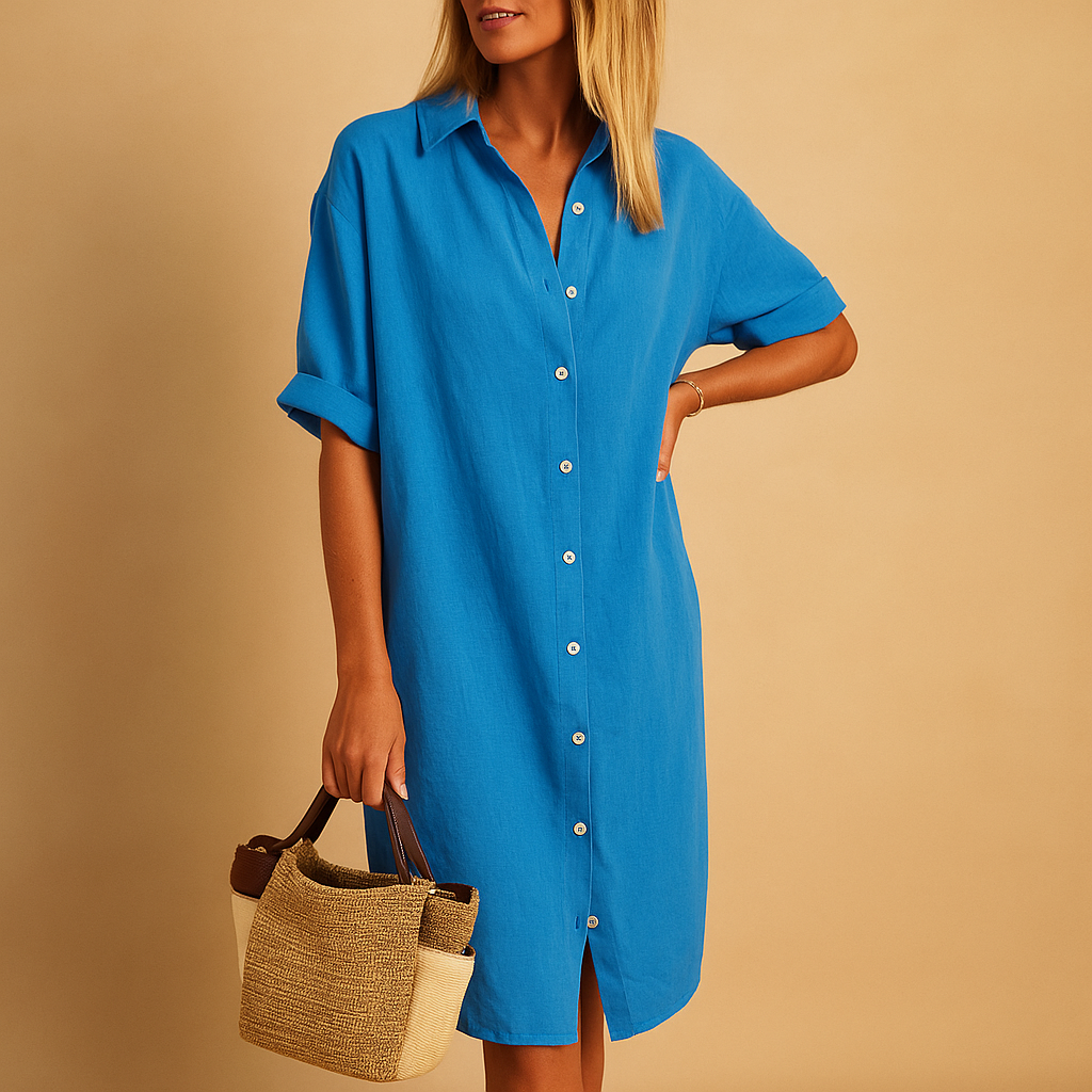 Women’s long cotton blend shirt dress with short sleeves, loose fit, and classic silhouette, perfect for casual wear, work, or summer events.