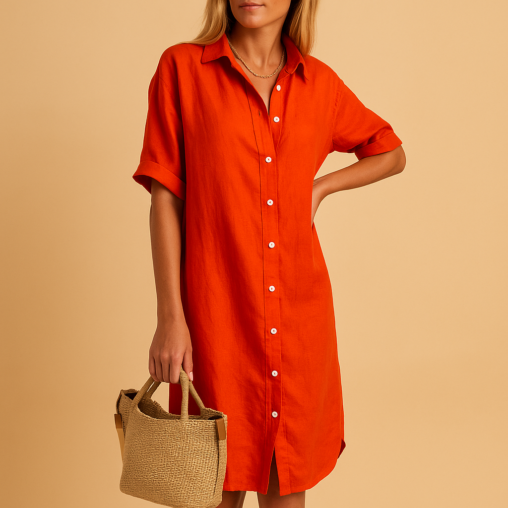 Women’s long cotton blend shirt dress with short sleeves, loose fit, and classic silhouette, perfect for casual wear, work, or summer events.