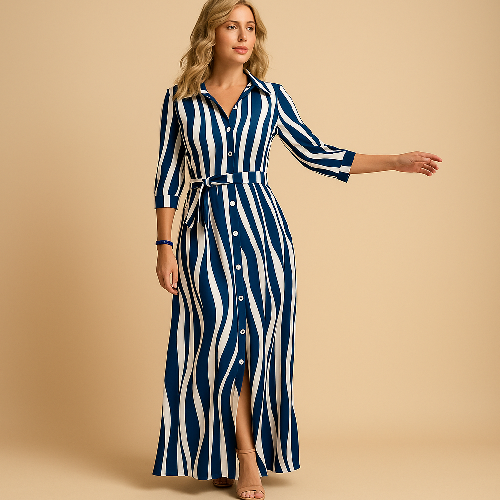 Women’s long summer dress with short sleeves, loose fit, and lightweight fabric, ideal for casual wear, beach days, or evening walks.
