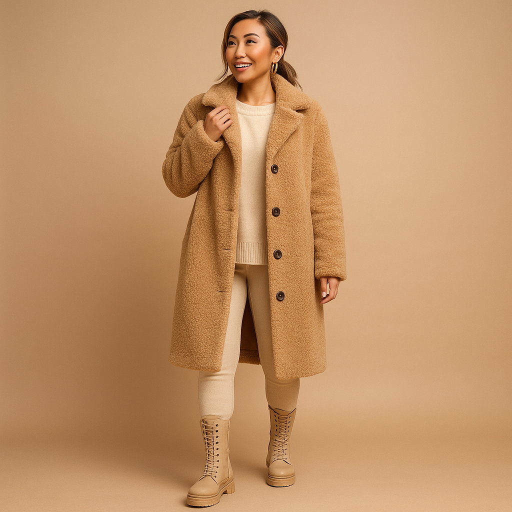 Long teddy coat for women in beige | Sophia-Jackets-Darling Fashion-Khaki-S-Darling Fashion