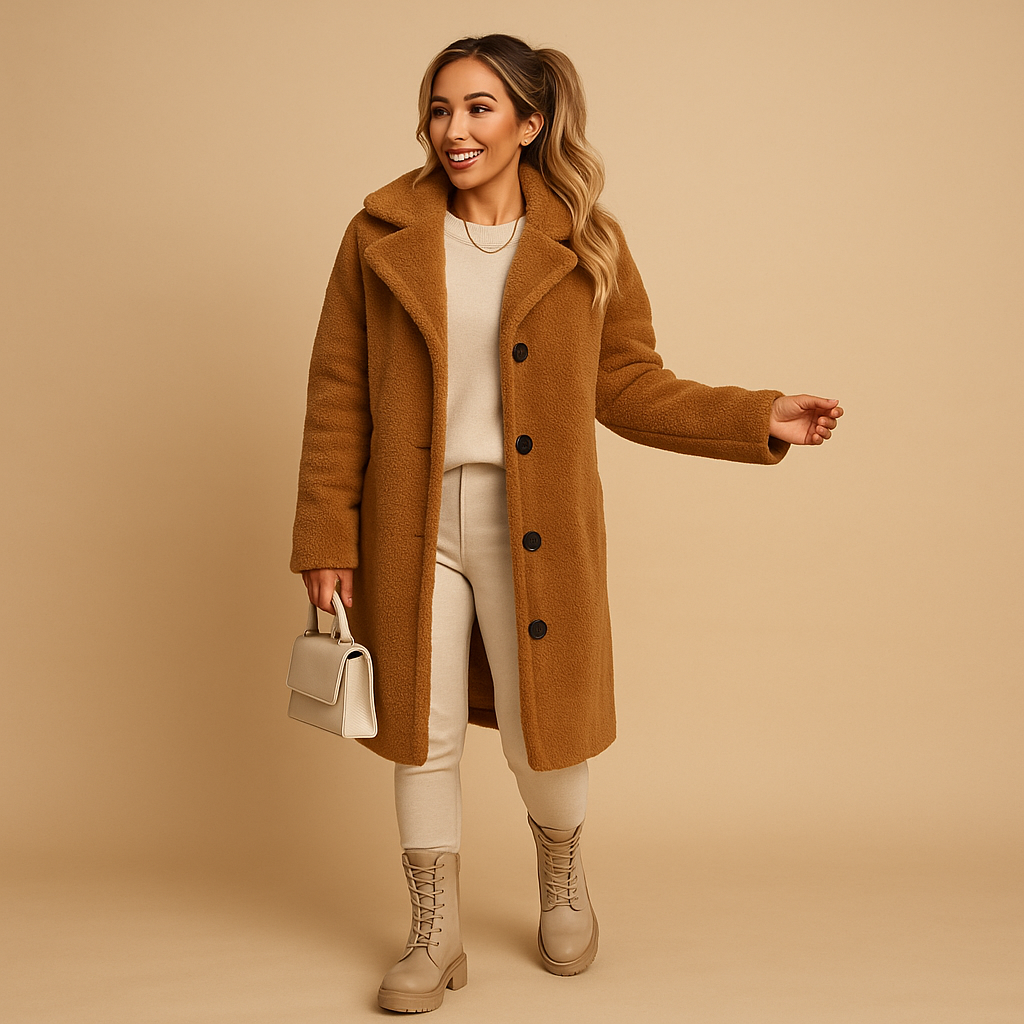 Long teddy coat for women in beige | Sophia-Jackets-Darling Fashion-Brown-S-Darling Fashion