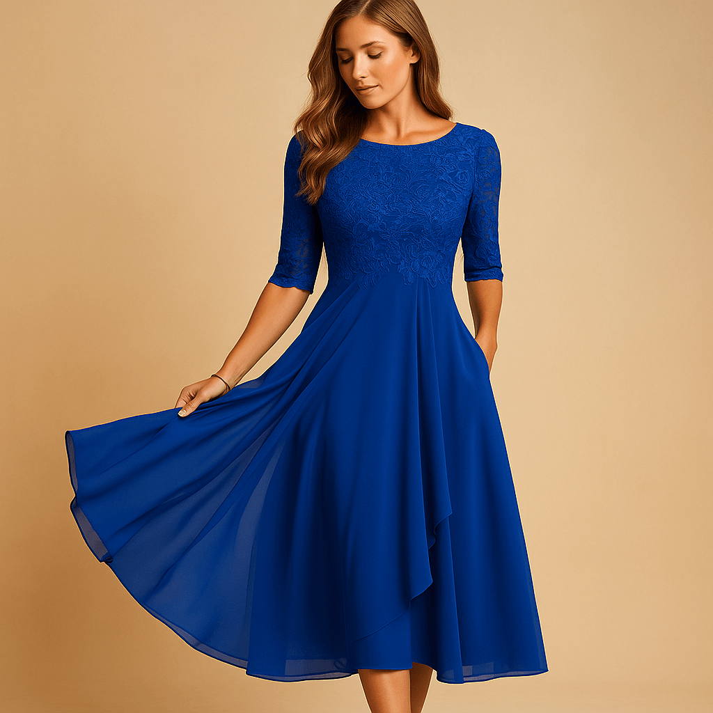 Midi dress with lace top for women | Evelyn-Dresses-Darling Fashion-Blue-S-Darling Fashion