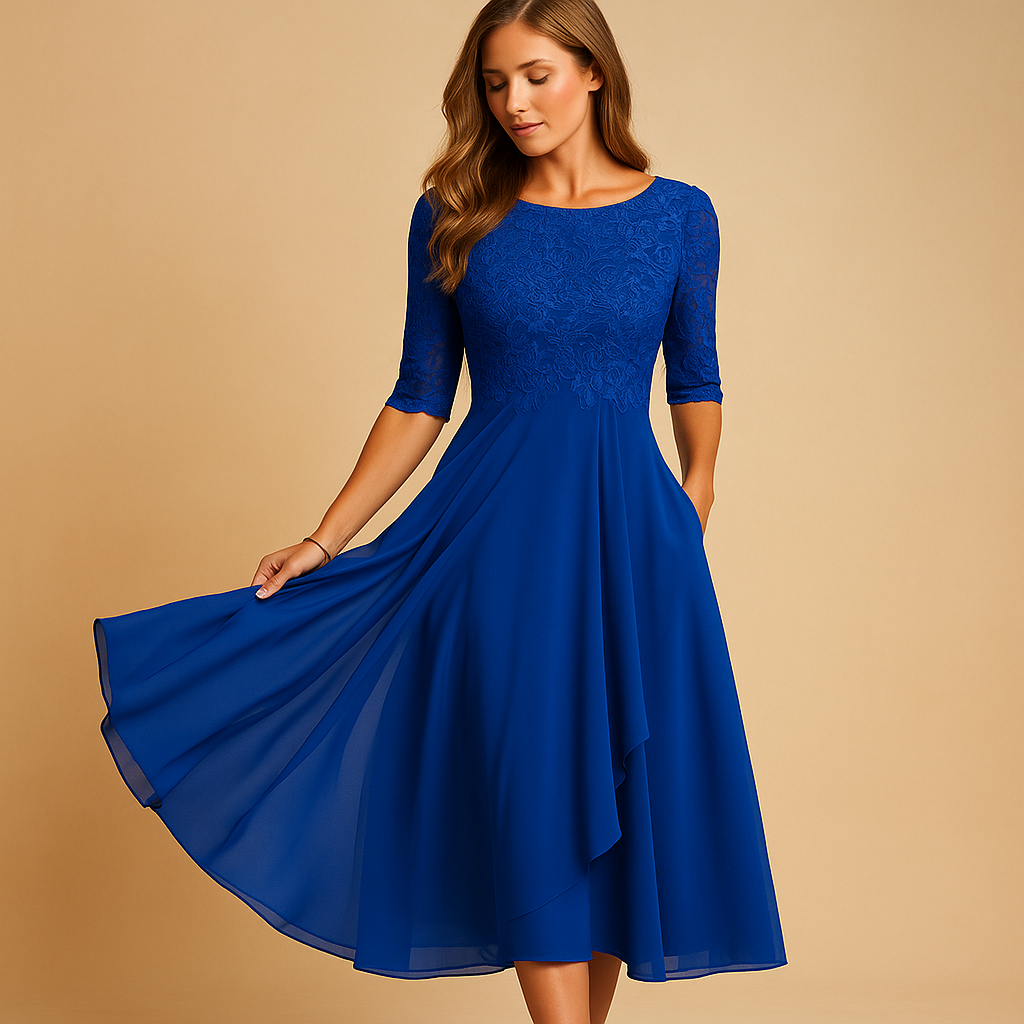 Women’s midi dress with lace top, elbow-length sleeves, and asymmetrical layered skirt, perfect for cocktails and special occasions.