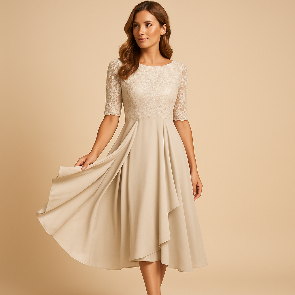 Women’s midi dress with lace top, elbow-length sleeves, and asymmetrical layered skirt, perfect for cocktails and special occasions.
