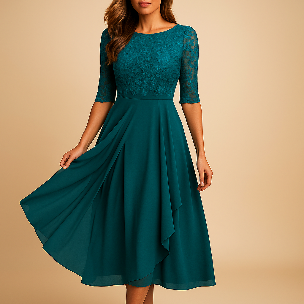 Women’s midi dress with lace top, elbow-length sleeves, and asymmetrical layered skirt, perfect for cocktails and special occasions.