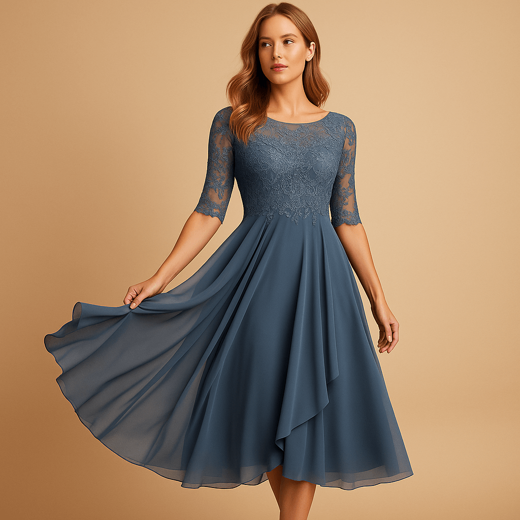 Midi dress with lace top for women | Evelyn-Dresses-Darling Fashion-Blue Gray-S-Darling Fashion
