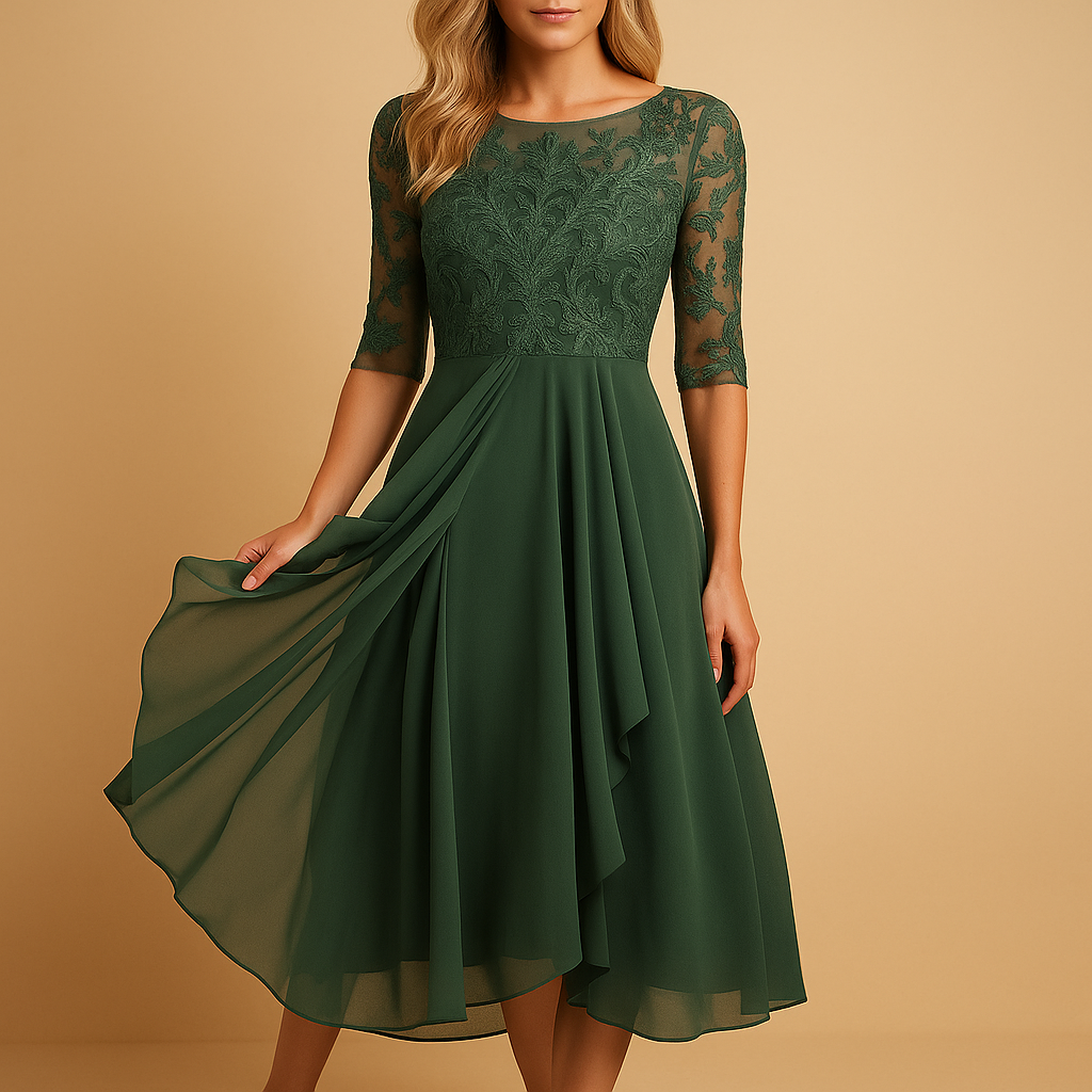 Women’s midi dress with lace top, elbow-length sleeves, and asymmetrical layered skirt, perfect for cocktails and special occasions.