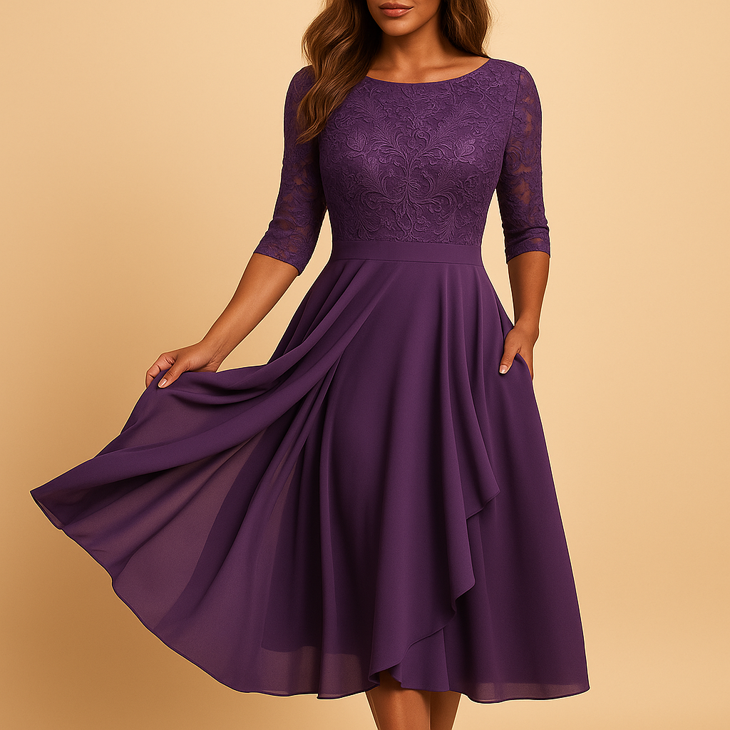Women’s midi dress with lace top, elbow-length sleeves, and asymmetrical layered skirt, perfect for cocktails and special occasions.