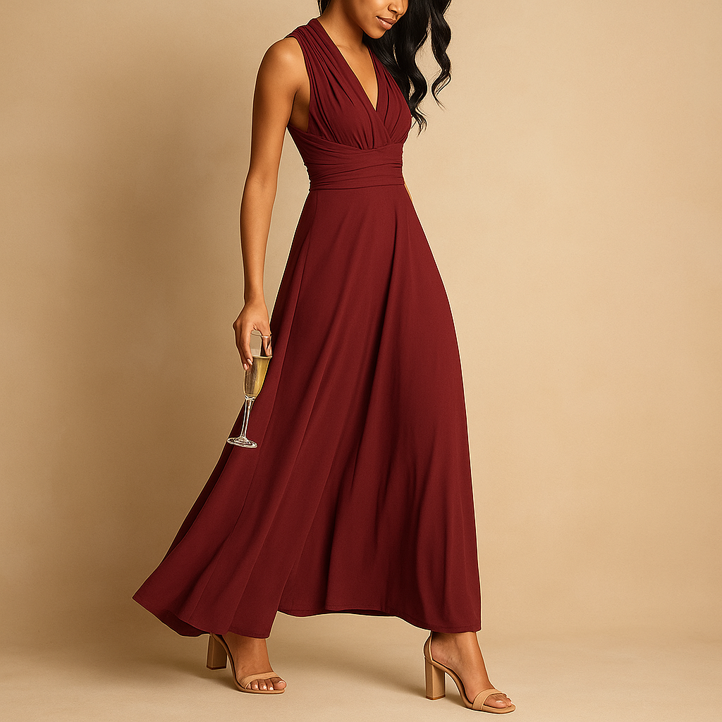 Multiway wrap dress for women with flattering fit and versatile design, available in wine red, black, green, khaki, navy blue, and pink. Perfect for summer occasions.