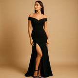 Off-shoulder evening dress with side slit for women | Seraphina-Dresses-Darling Fashion-Black-S-Darling Fashion