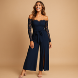 Off-shoulder jumpsuit for women with lace detail | Sophia-Jumpsuits-Darling Fashion-Navy Blue-S-Darling Fashion