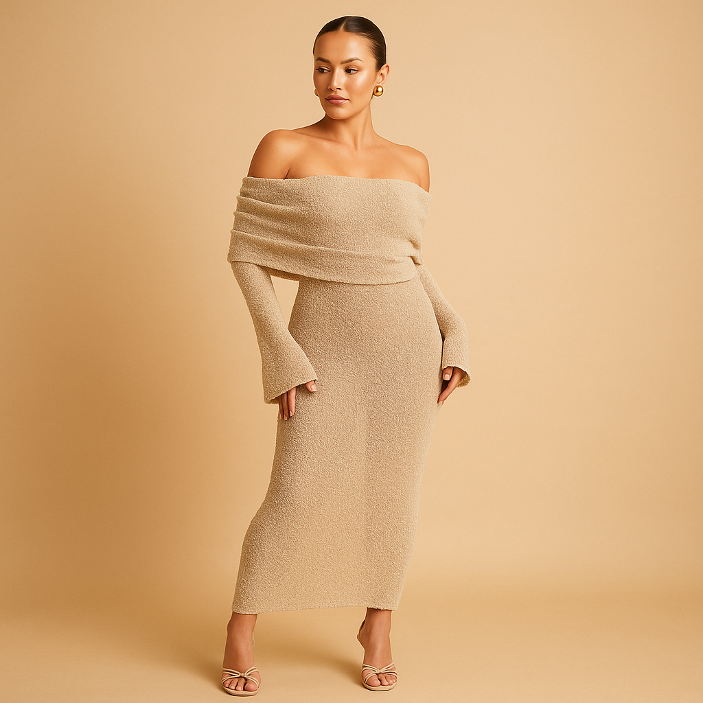 Women’s off-shoulder summer dress with elegant fit, available in khaki, black, and white, perfect for sunny days and special occasions.