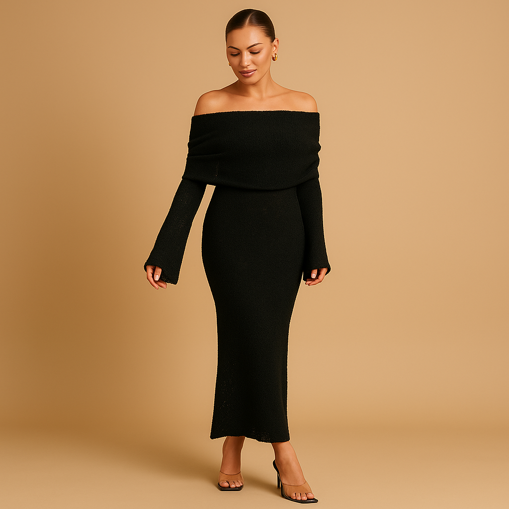 Women’s off-shoulder summer dress with elegant fit, available in khaki, black, and white, perfect for sunny days and special occasions.