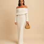Women’s off-shoulder summer dress with elegant fit, available in khaki, black, and white, perfect for sunny days and special occasions.