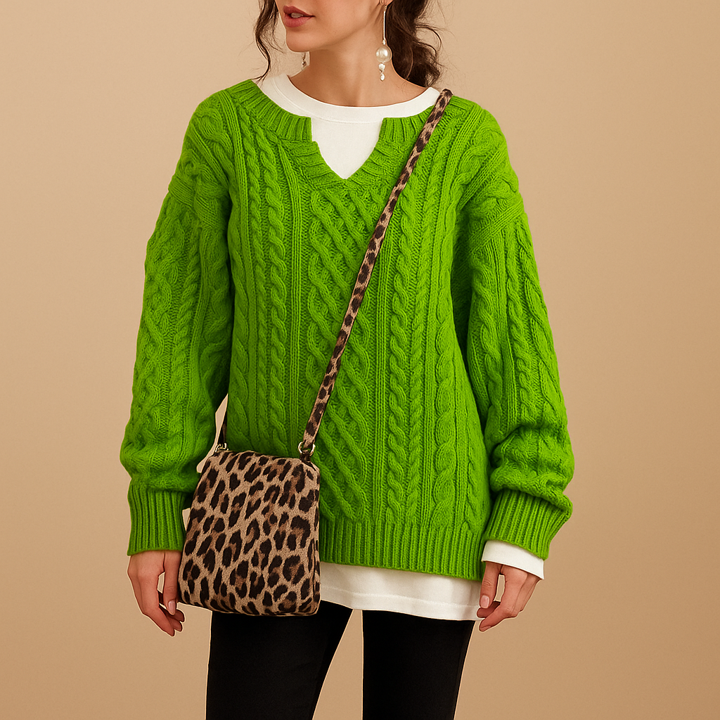 Women’s oversized chunky knit sweater with dropped shoulders, long sleeves, and soft breathable fabric. Perfect for cold days and casual layering.