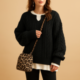 Women’s oversized chunky knit sweater with dropped shoulders, long sleeves, and soft breathable fabric. Perfect for cold days and casual layering.