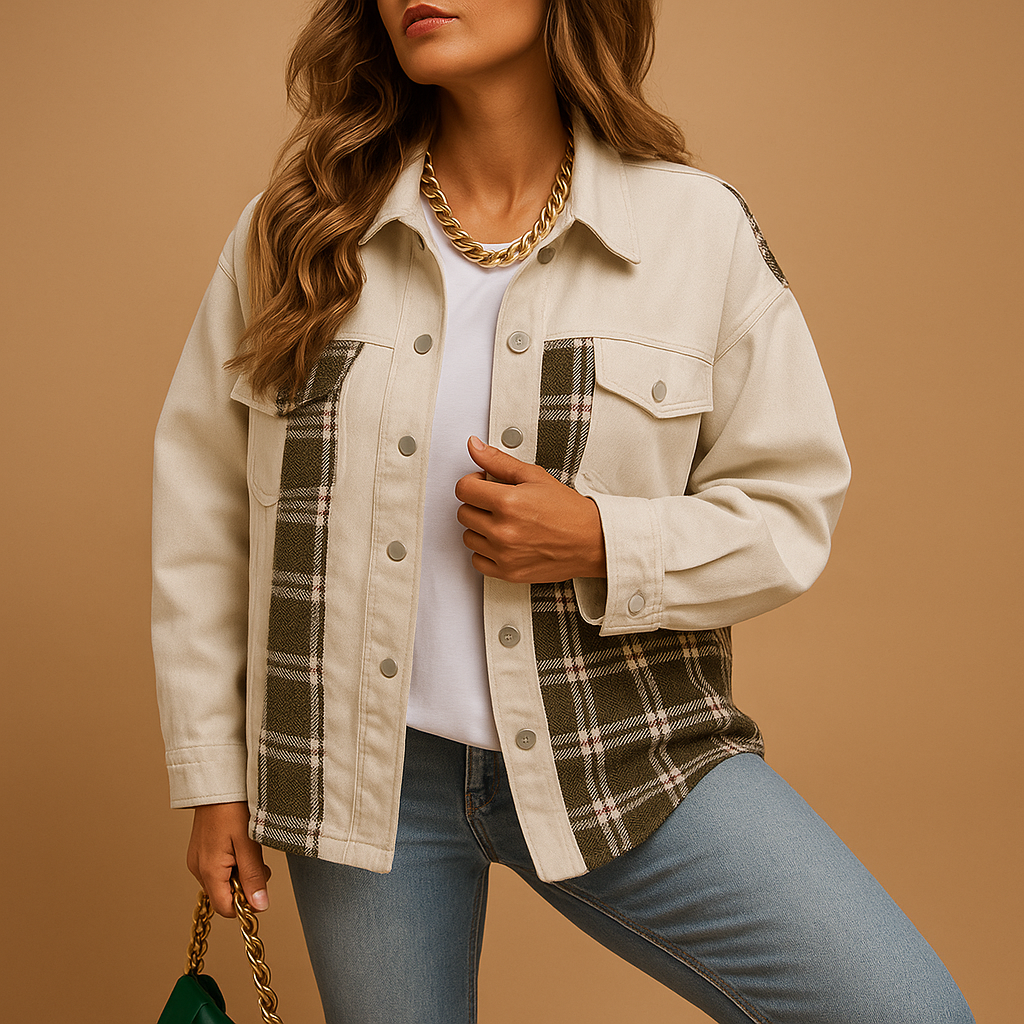 Plaid denim-look jacket for women | Harper-Jackets-Darling Fashion-White-S-Darling Fashion
