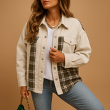 Plaid denim-look jacket for women | Harper-Jackets-Darling Fashion-White-S-Darling Fashion