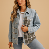 Plaid denim-look jacket for women | Harper-Jackets-Darling Fashion-Sky Blue-S-Darling Fashion