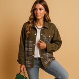 Plaid denim-look jacket for women | Harper-Jackets-Darling Fashion-Brown-S-Darling Fashion
