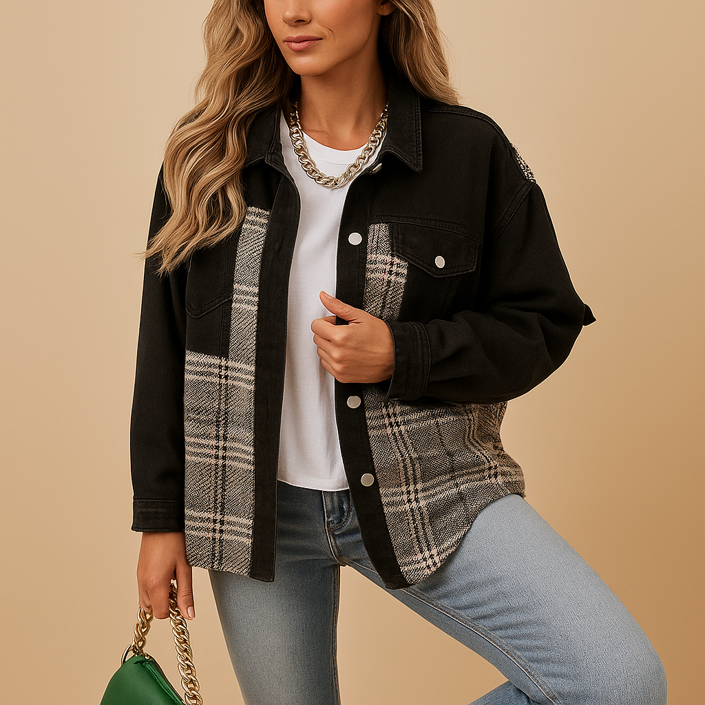 Plaid denim-look jacket for women | Harper-Jackets-Darling Fashion-Black-S-Darling Fashion