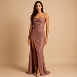 Satin corset dress for women with structured bodice and high slit, elegant evening wear for weddings, galas, and formal occasions.