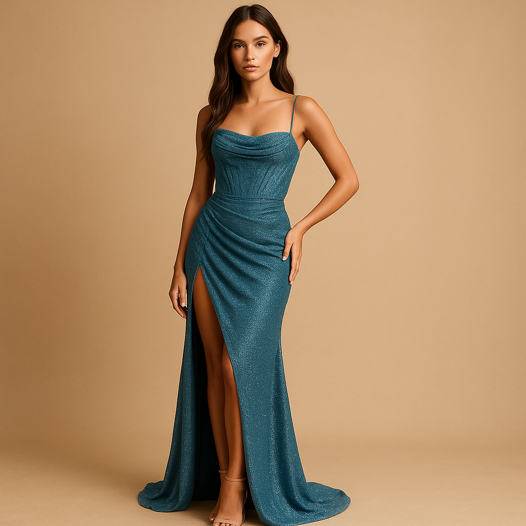 Satin corset dress for women with structured bodice and high slit, elegant evening wear for weddings, galas, and formal occasions.