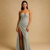 Satin corset dress for women with structured bodice and high slit, elegant evening wear for weddings, galas, and formal occasions.