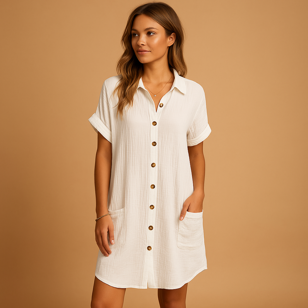 Women’s shirt-style midi dress with button closure, practical pocket, and airy fit, perfect for summer holidays and casual outings.