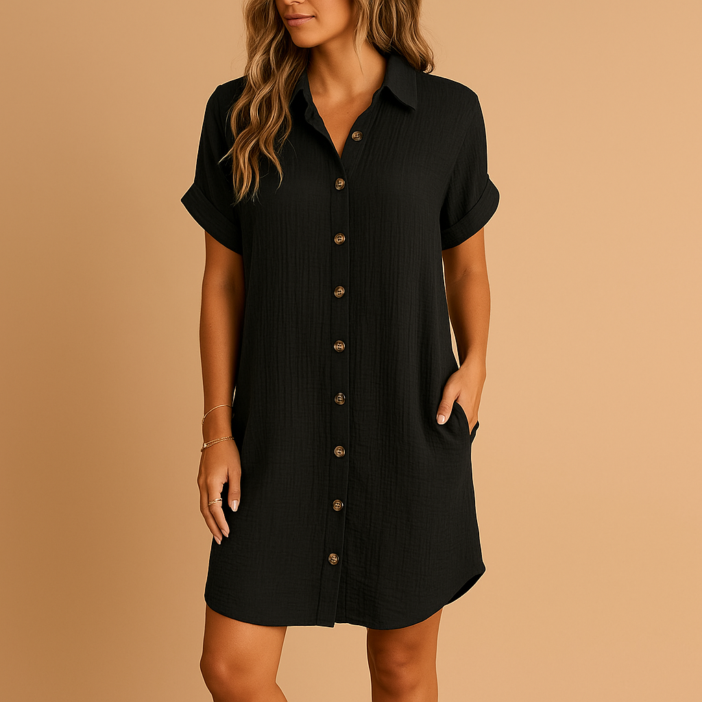 Women’s shirt-style midi dress with button closure, practical pocket, and airy fit, perfect for summer holidays and casual outings.