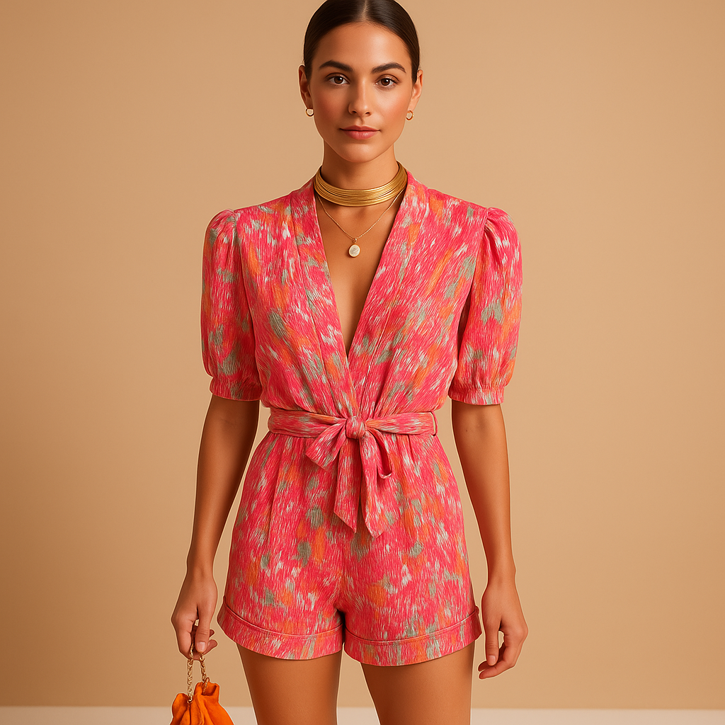 Women’s short summer jumpsuit with vibrant print and waist belt, available in pink and purple, perfect for warm days and summer outings.