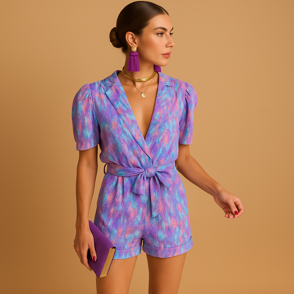 Women’s short summer jumpsuit with vibrant print and waist belt, available in pink and purple, perfect for warm days and summer outings.
