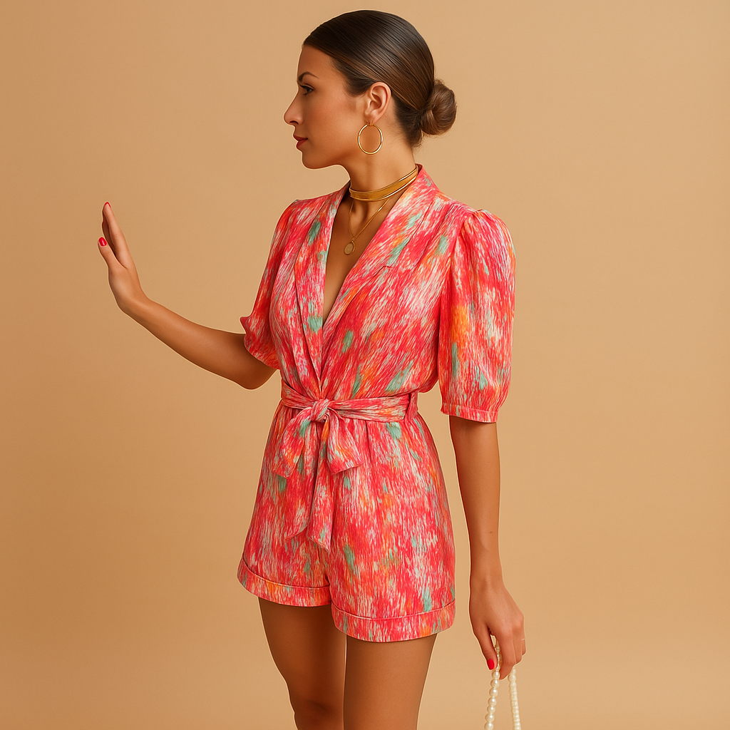 Women’s short summer jumpsuit with vibrant print and waist belt, available in pink and purple, perfect for warm days and summer outings.