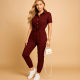 Tailored jumpsuit with button details for women | Clarissa-Jumpsuits-Darling Fashion-Wine Red-S-Darling Fashion