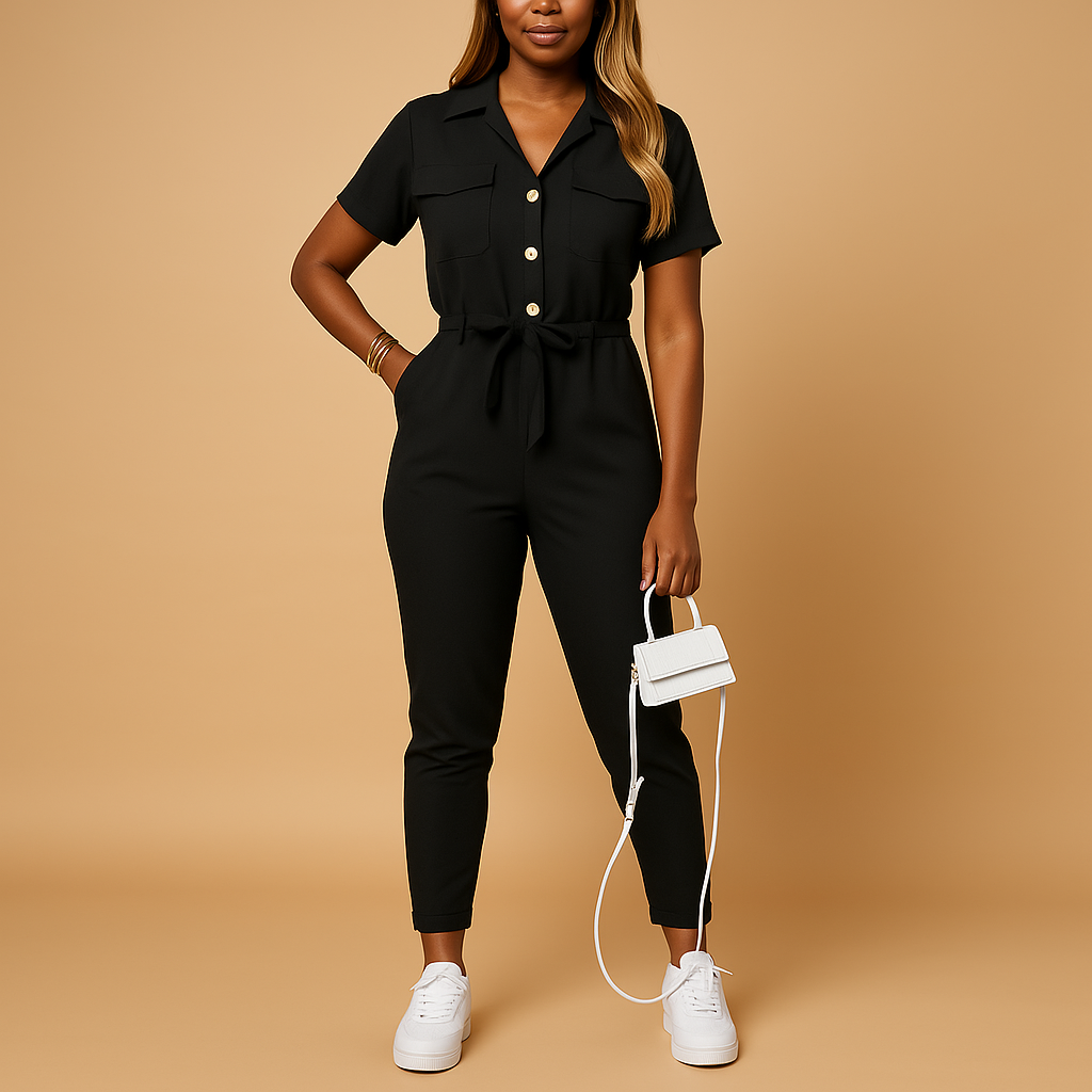 Women’s tailored jumpsuit with slim fit, button details, and refined design. Perfect for work, social events, or an evening out.