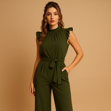 Tailored round neck jumpsuit with belt for women | Sophia-Jumpsuits-Darling Fashion-Army Green-XS-Darling Fashion
