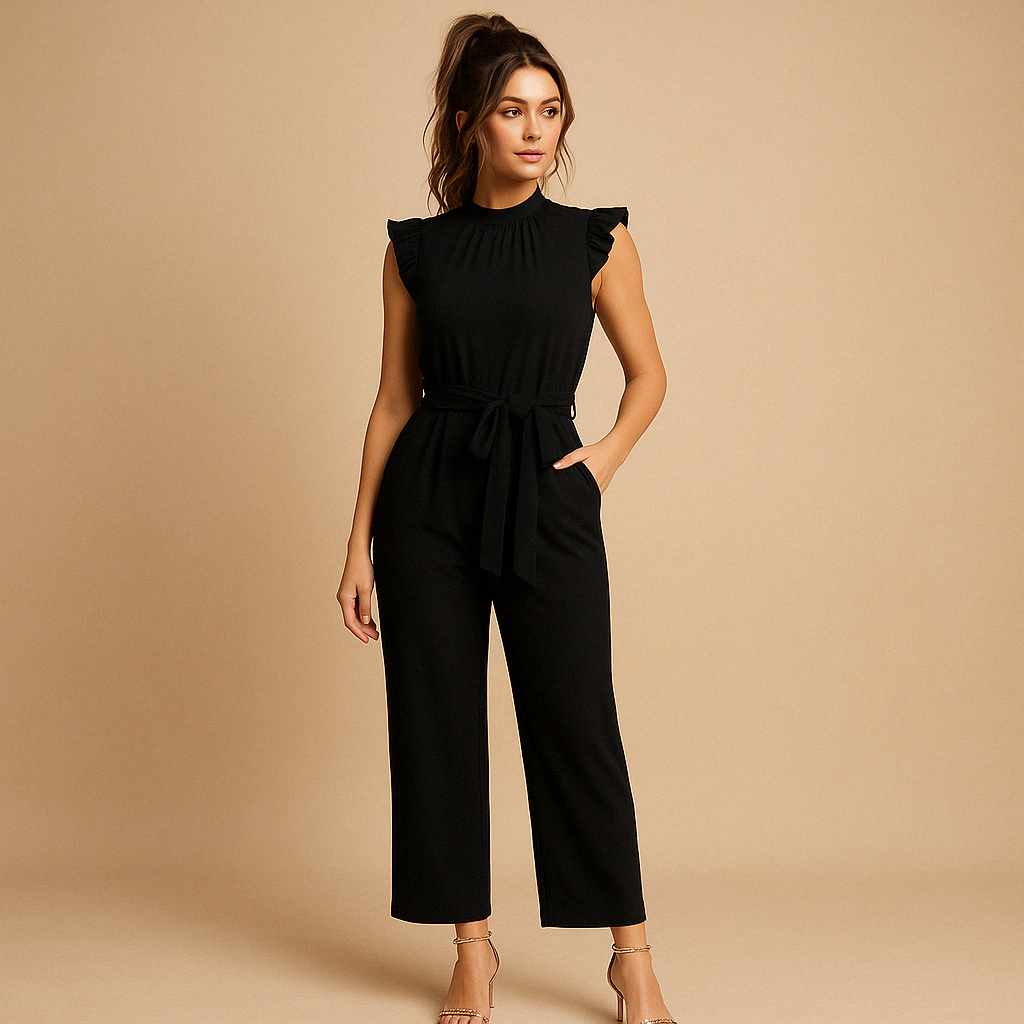 Tailored round neck jumpsuit with belt for women | Sophia-Jumpsuits-Darling Fashion-Black-XS-Darling Fashion