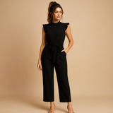 Tailored round neck jumpsuit with belt for women | Sophia-Jumpsuits-Darling Fashion-Black-XS-Darling Fashion