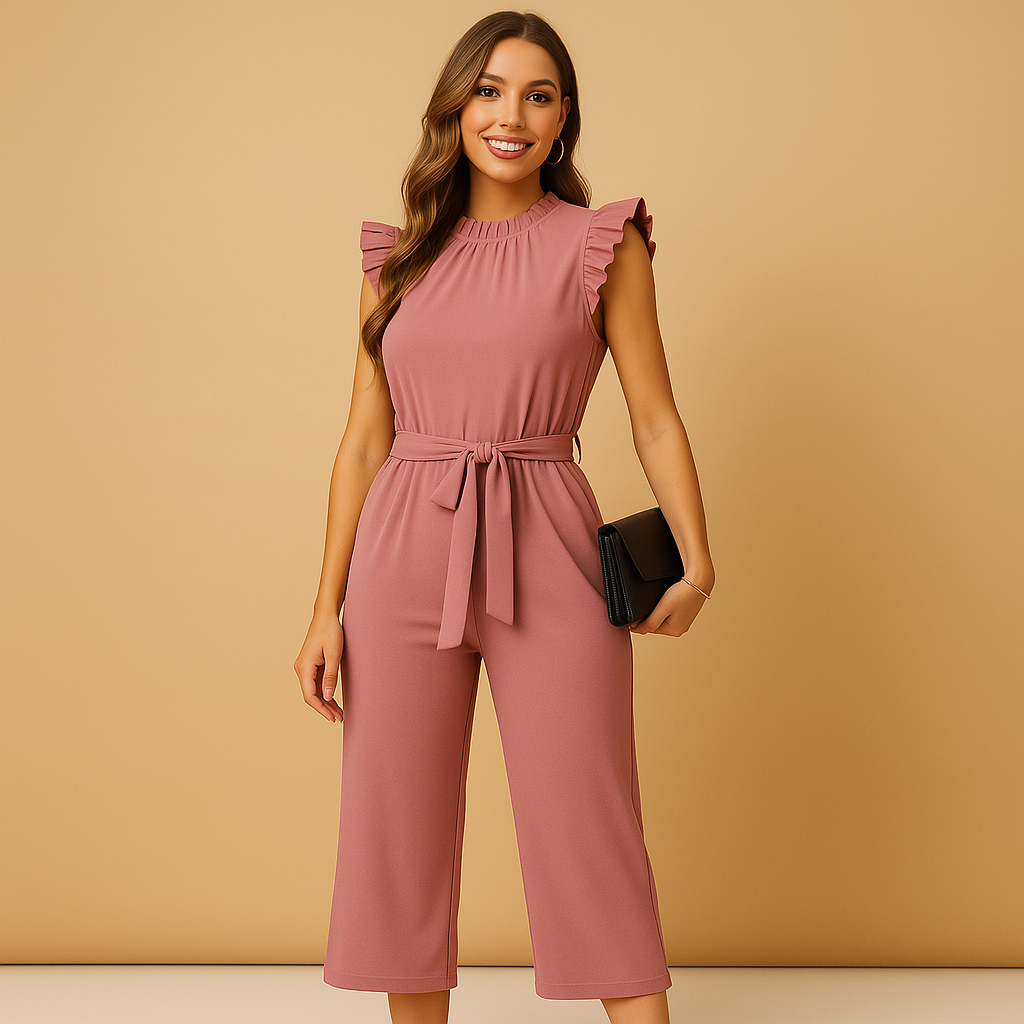 Tailored round neck jumpsuit with belt for women | Sophia-Jumpsuits-Darling Fashion-Darling Fashion