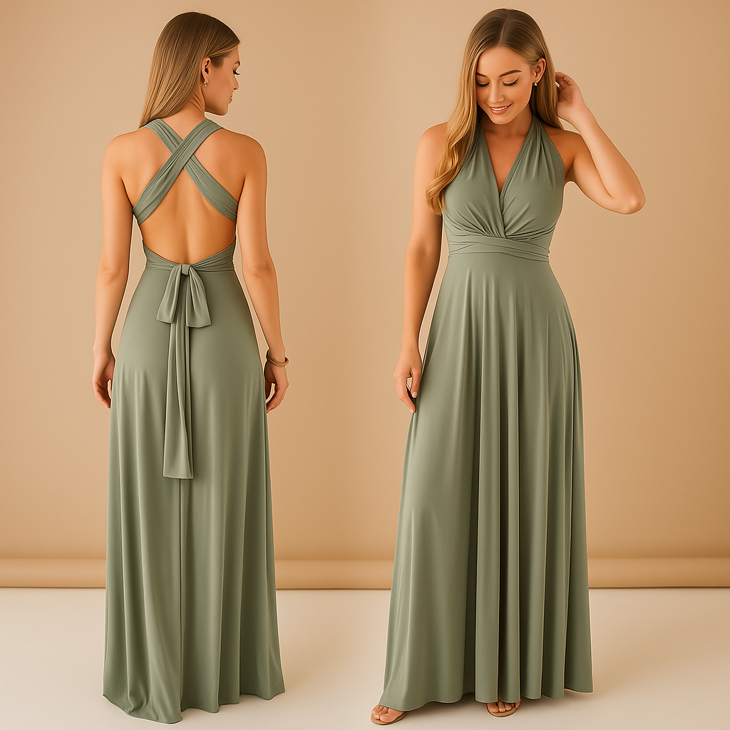 Women’s versatile wrap dress with extra-long straps and pleated waist, designed for 20+ styling options, perfect for weddings and special occasions.