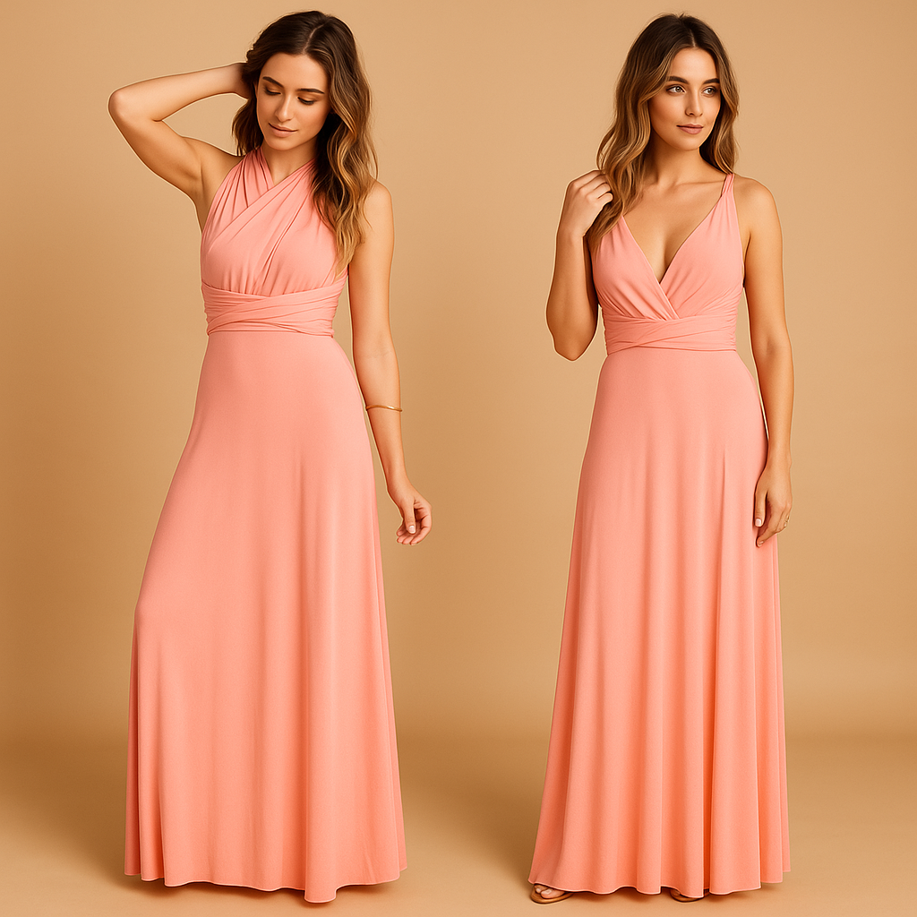Women’s versatile wrap dress with extra-long straps and pleated waist, designed for 20+ styling options, perfect for weddings and special occasions.