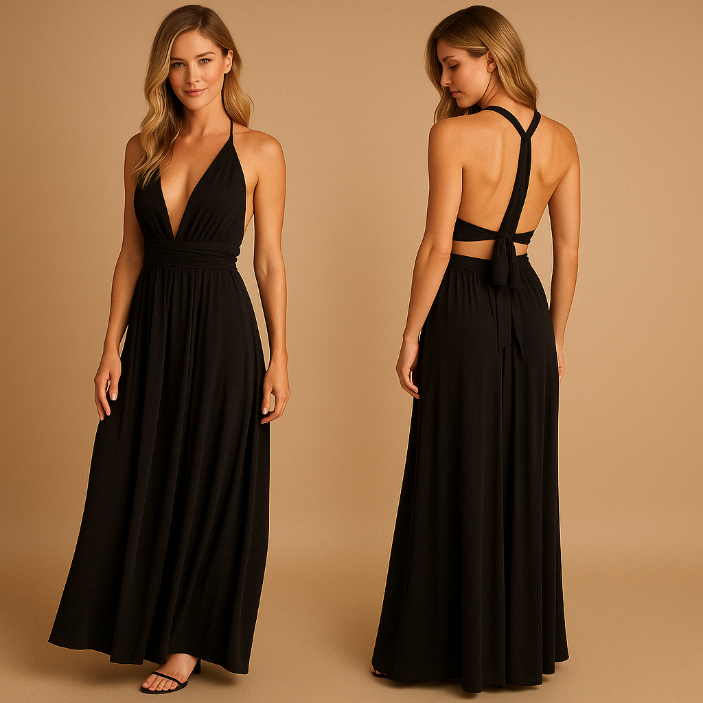 Women’s versatile wrap dress with extra-long straps and pleated waist, designed for 20+ styling options, perfect for weddings and special occasions.