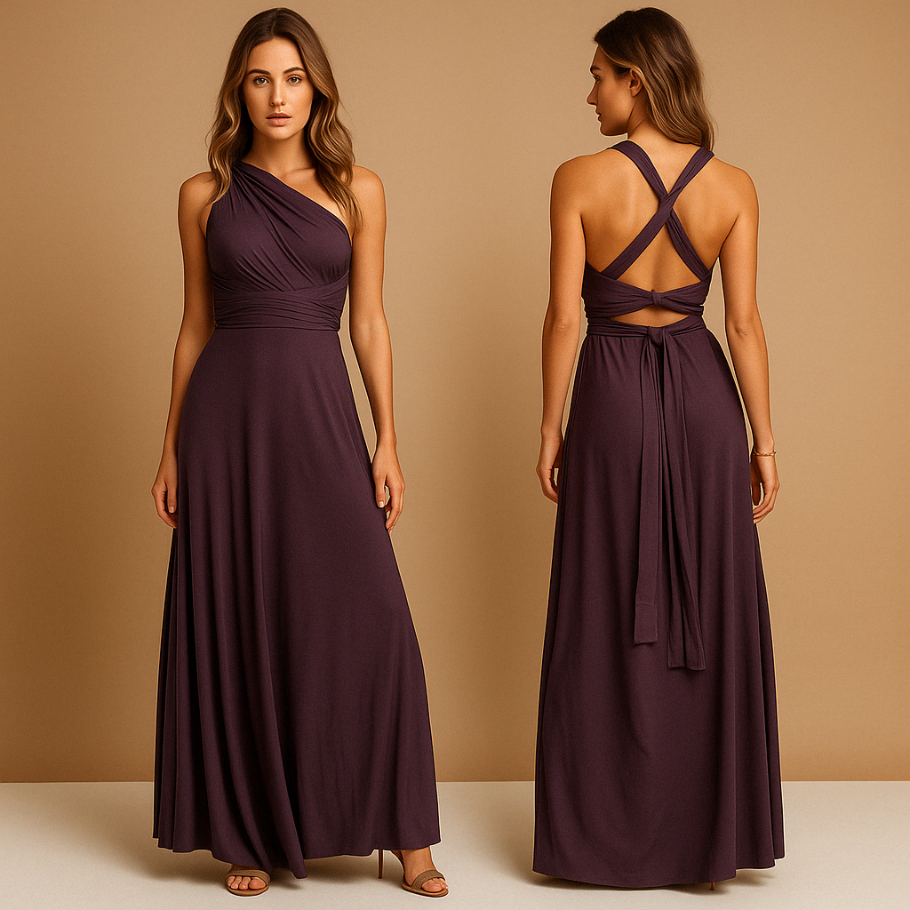 Women’s versatile wrap dress with extra-long straps and pleated waist, designed for 20+ styling options, perfect for weddings and special occasions.