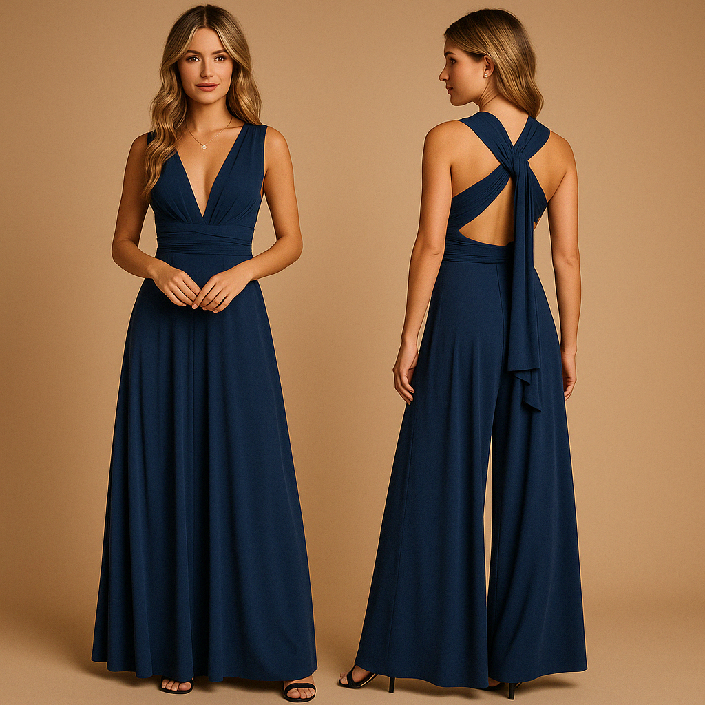 Women’s versatile wrap dress with extra-long straps and pleated waist, designed for 20+ styling options, perfect for weddings and special occasions.