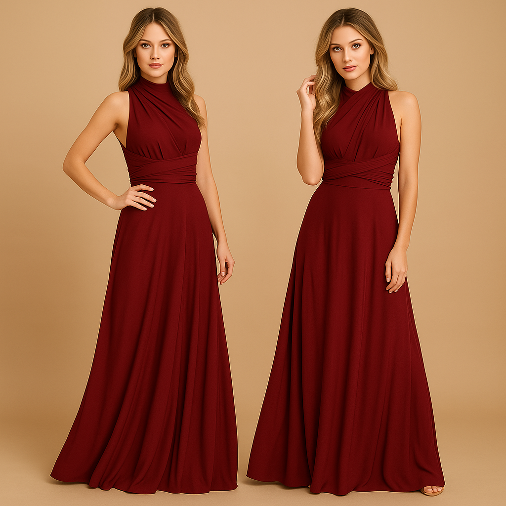 Women’s versatile wrap dress with extra-long straps and pleated waist, designed for 20+ styling options, perfect for weddings and special occasions.