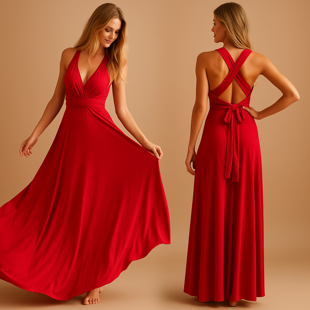 Women’s versatile wrap dress with extra-long straps and pleated waist, designed for 20+ styling options, perfect for weddings and special occasions.